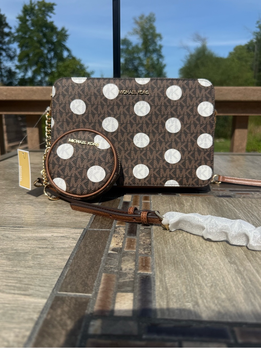 NWT Michael Kors Jet Set Large Polka Dot Signature Logo Crossbody Bag w Coin